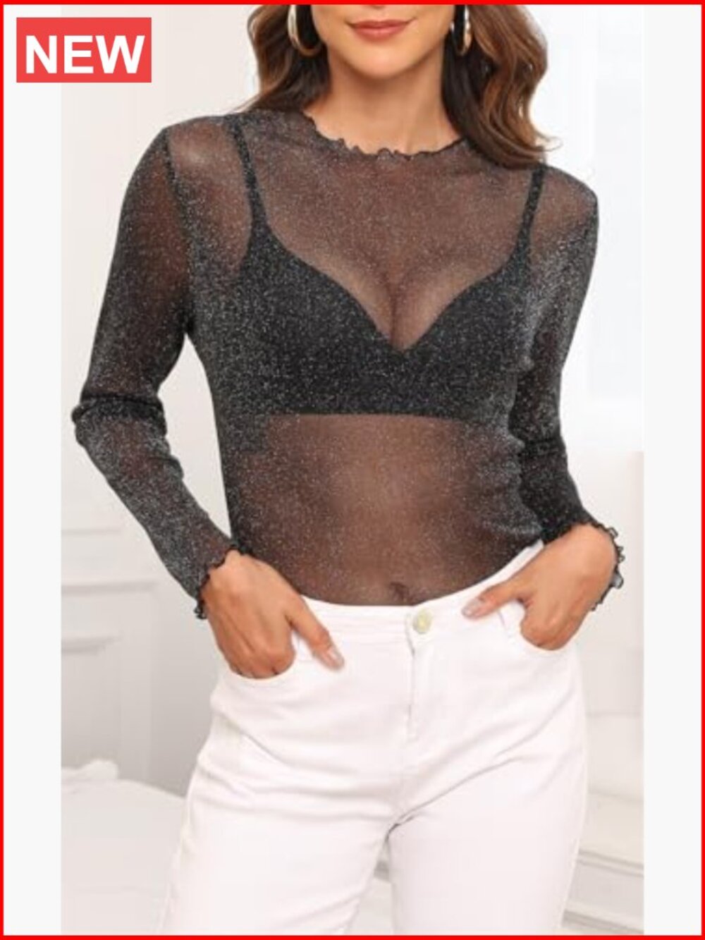 Sheer Mesh Stretchy Blouse Long Sleeve Sexy Shirt for Layering - Picture 2 of 6